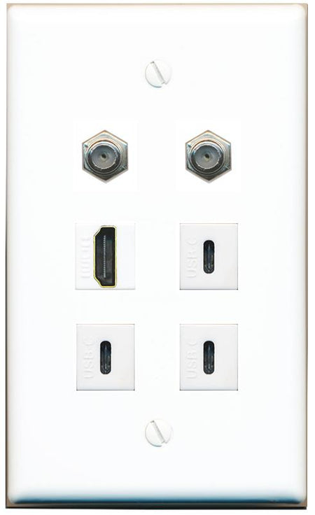  2 COAX HDMI 3 USBC Flat/Solid Wall Plate [White]