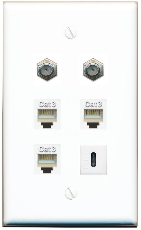  2 COAX 3 PHONE USBC Flat/Solid Wall Plate [White]