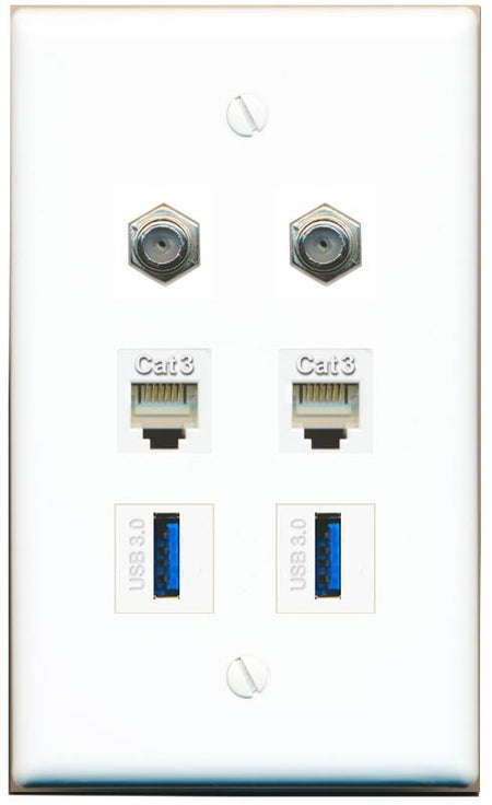  2 COAX 2 PHONE 2 USB-3 Flat/Solid Wall Plate [White]