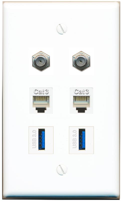  2 COAX 2 PHONE 2 USB-3 Flat/Solid Wall Plate [White]