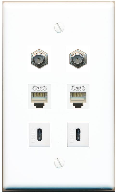  2 COAX 2 PHONE 2 USBC Flat/Solid Wall Plate [White]