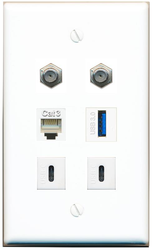  2 COAX PHONE USB-3 2 USBC Flat/Solid Wall Plate [White]