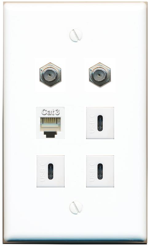  2 COAX PHONE 3 USBC Flat/Solid Wall Plate [White]