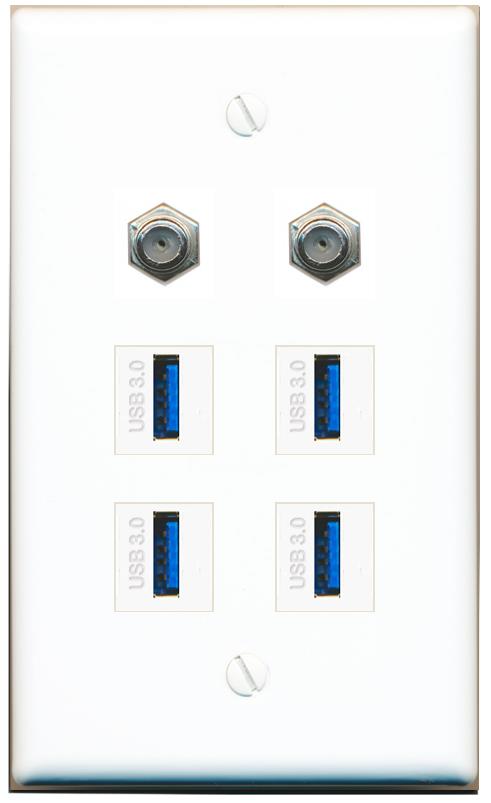  2 COAX 4 USB-3 Flat/Solid Wall Plate [White]