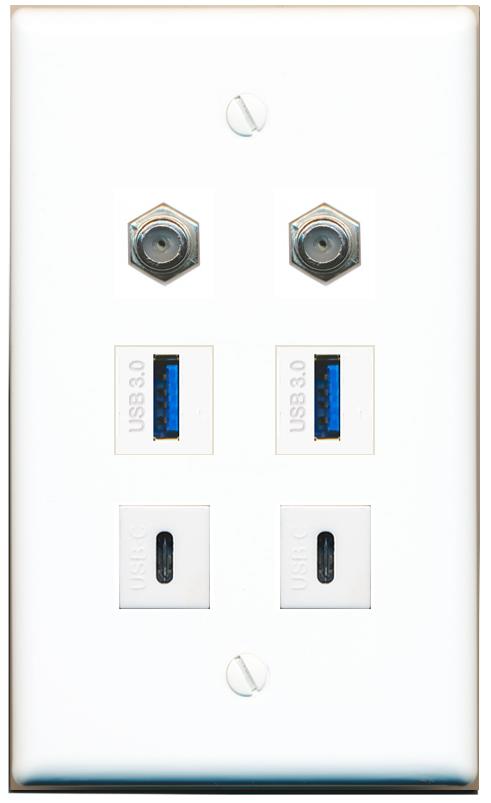  2 COAX 2 USB-3 2 USBC Flat/Solid Wall Plate [White]