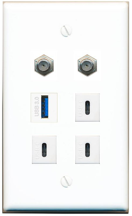  2 COAX USB-3 3 USBC Flat/Solid Wall Plate [White]