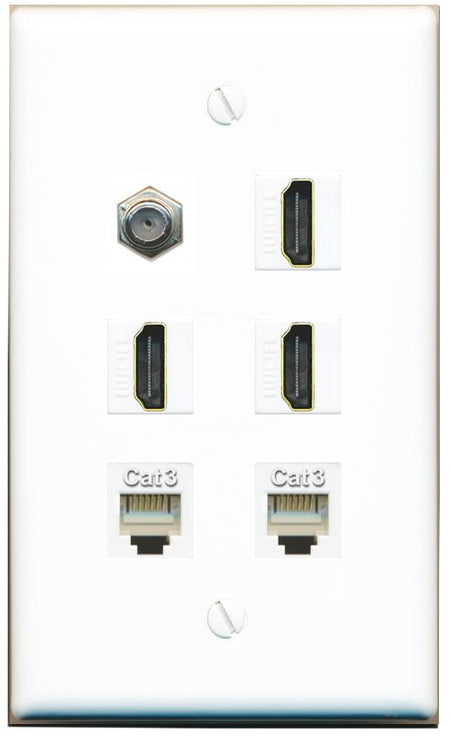  COAX 3 HDMI 2 PHONE Flat/Solid Wall Plate [White]