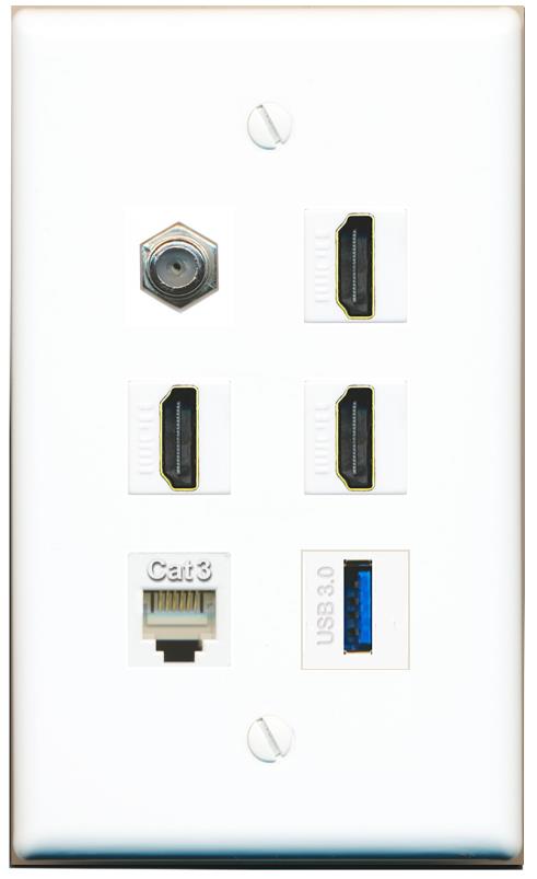  COAX 3 HDMI PHONE USB-3 Flat/Solid Wall Plate [White]