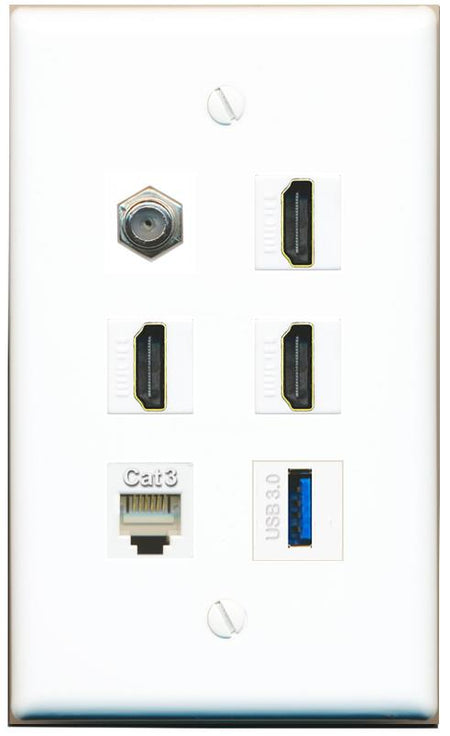  COAX 3 HDMI PHONE USB-3 Flat/Solid Wall Plate [White]