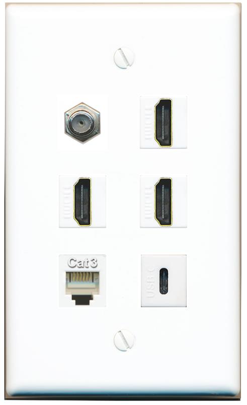  COAX 3 HDMI PHONE USBC Flat/Solid Wall Plate [White]