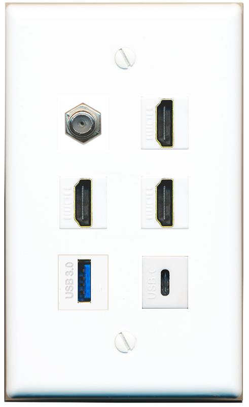  COAX 3 HDMI USB-3 USBC Flat/Solid Wall Plate [White]