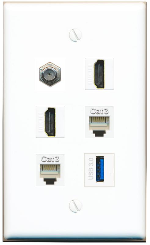  COAX 2 HDMI 2 PHONE USB-3 Flat/Solid Wall Plate [White]