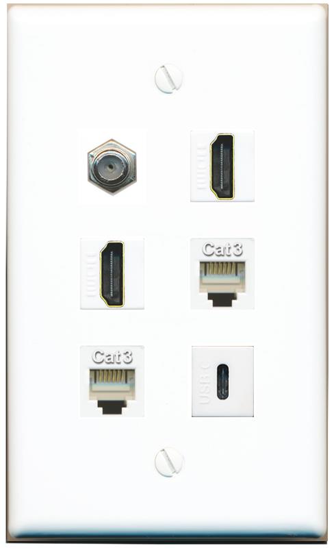  COAX 2 HDMI 2 PHONE USBC Flat/Solid Wall Plate [White]