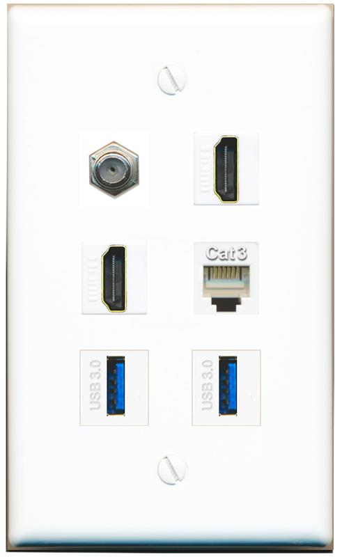  COAX 2 HDMI PHONE 2 USB-3 Flat/Solid Wall Plate [White]