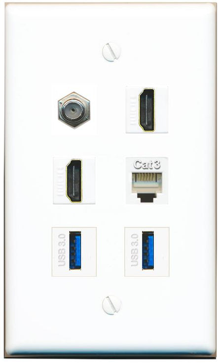  COAX 2 HDMI PHONE 2 USB-3 Flat/Solid Wall Plate [White]