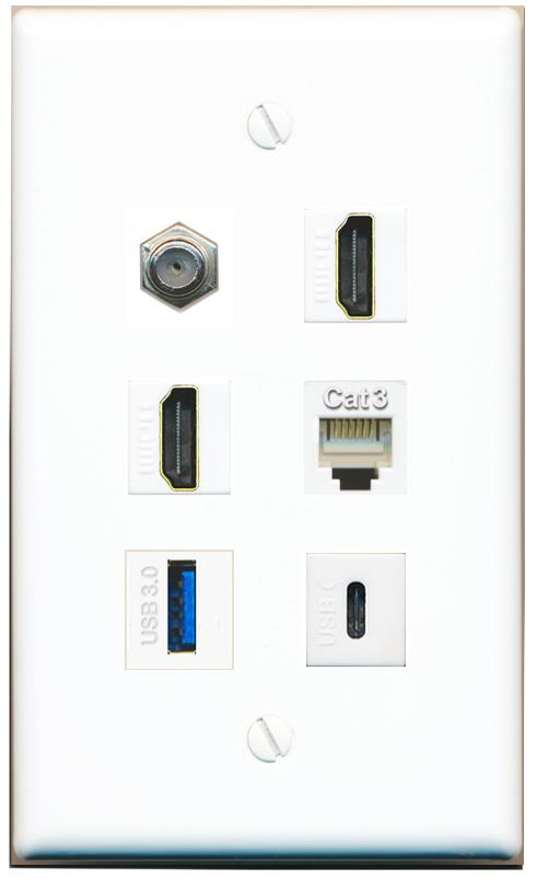  COAX 2 HDMI PHONE USB-3 USBC Flat/Solid Wall Plate [White]