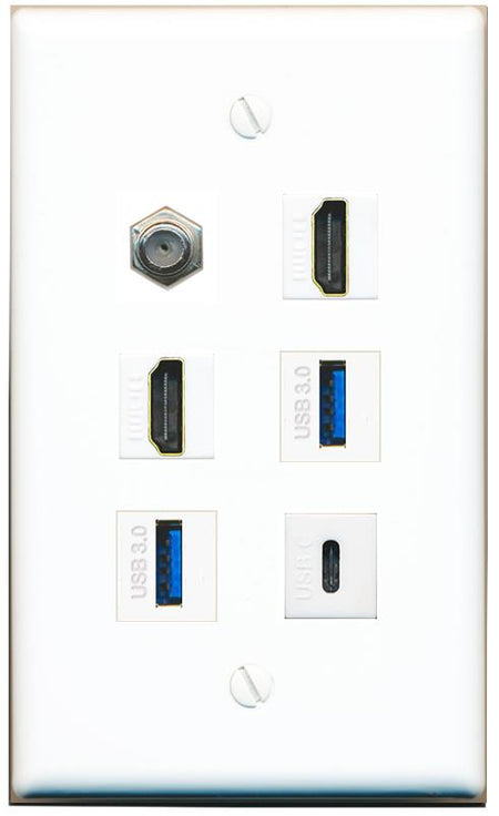  COAX 2 HDMI 2 USB-3 USBC Flat/Solid Wall Plate [White]