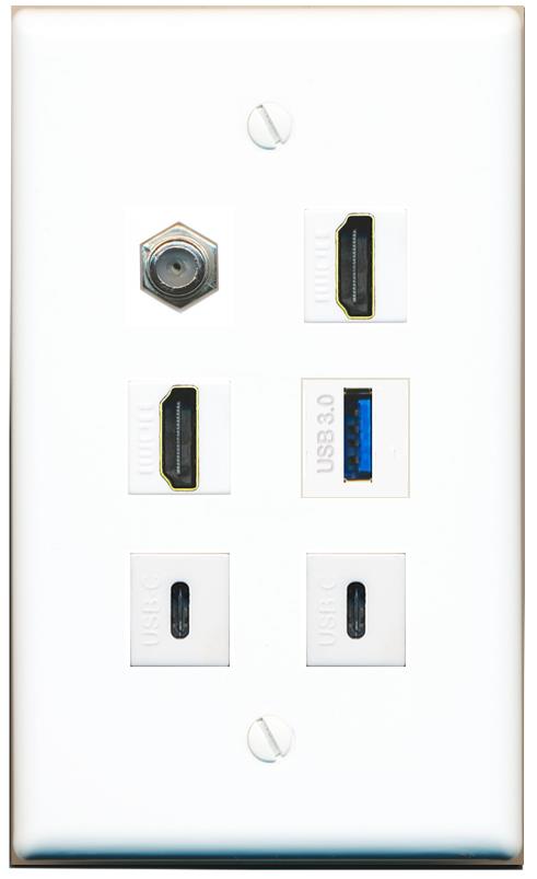  COAX 2 HDMI USB-3 2 USBC Flat/Solid Wall Plate [White]