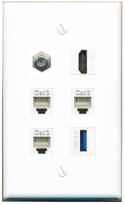  COAX HDMI 3 PHONE USB-3 Flat/Solid Wall Plate [White]
