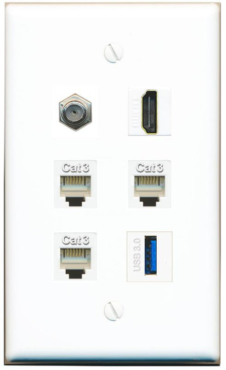  COAX HDMI 3 PHONE USB-3 Flat/Solid Wall Plate [White]