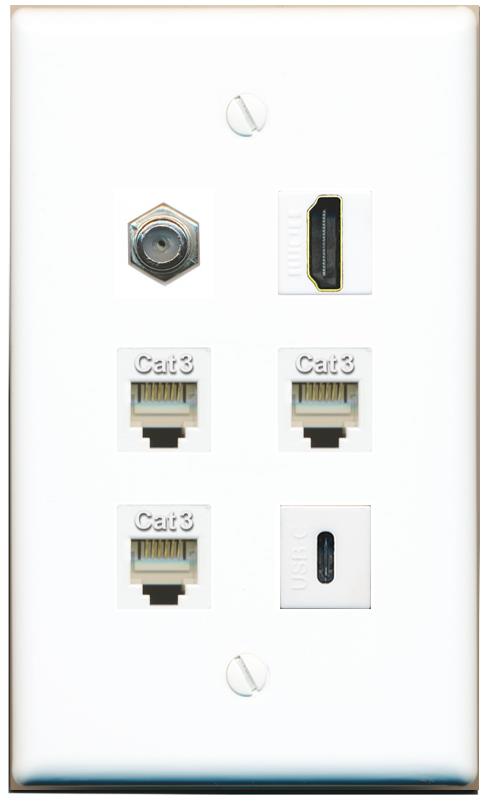  COAX HDMI 3 PHONE USBC Flat/Solid Wall Plate [White]