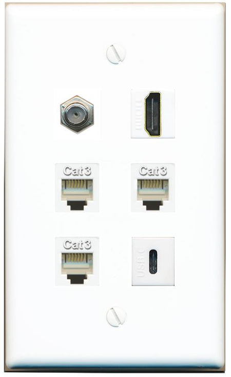  COAX HDMI 3 PHONE USBC Flat/Solid Wall Plate [White]