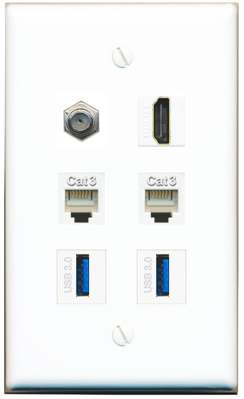  COAX HDMI 2 PHONE 2 USB-3 Flat/Solid Wall Plate [White]