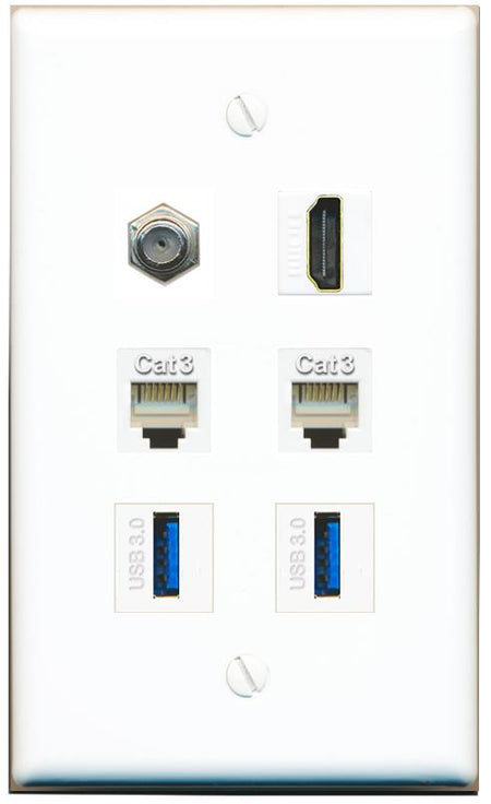  COAX HDMI 2 PHONE 2 USB-3 Flat/Solid Wall Plate [White]
