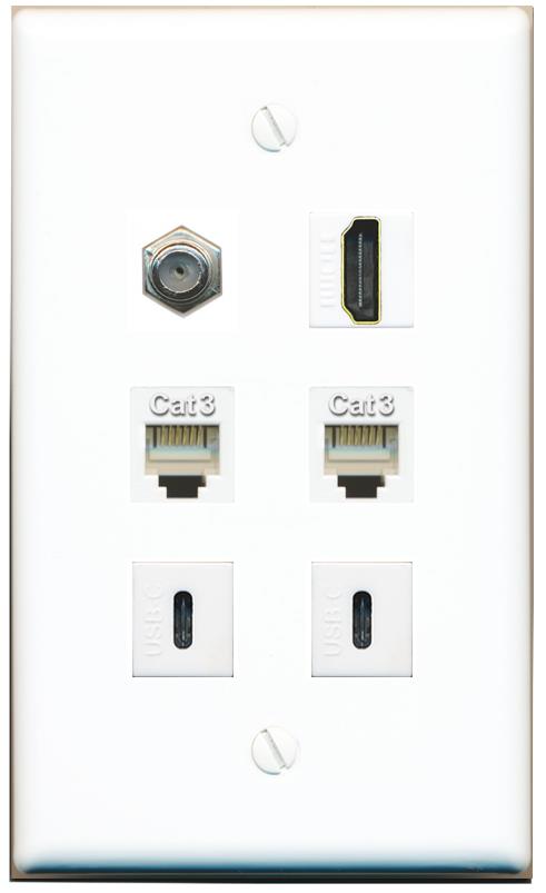  COAX HDMI 2 PHONE 2 USBC Flat/Solid Wall Plate [White]