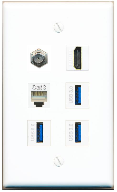  COAX HDMI PHONE 3 USB-3 Flat/Solid Wall Plate [White]