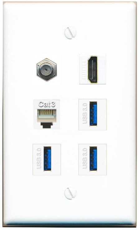  COAX HDMI PHONE 3 USB-3 Flat/Solid Wall Plate [White]