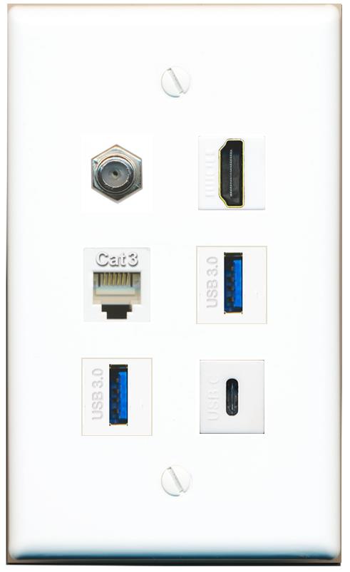  COAX HDMI PHONE 2 USB-3 USBC Flat/Solid Wall Plate [White]
