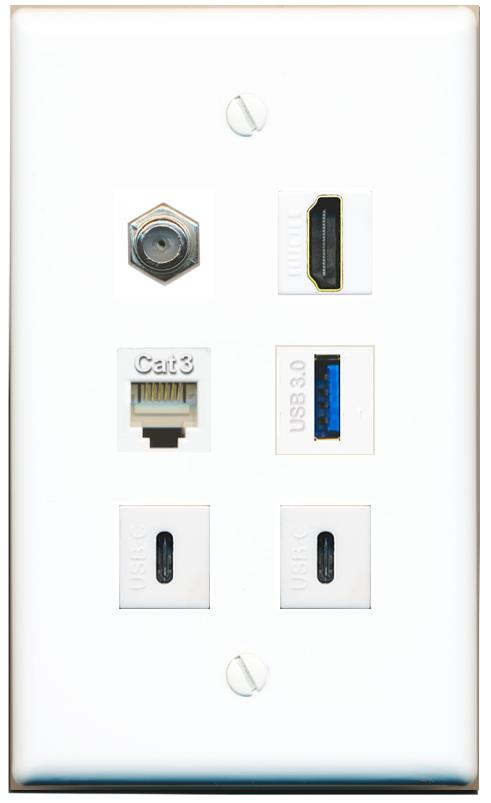  COAX HDMI PHONE USB-3 2 USBC Flat/Solid Wall Plate [White]