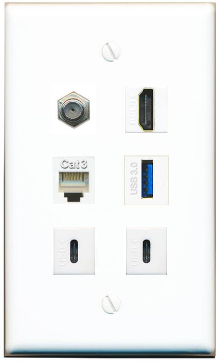  COAX HDMI PHONE USB-3 2 USBC Flat/Solid Wall Plate [White]