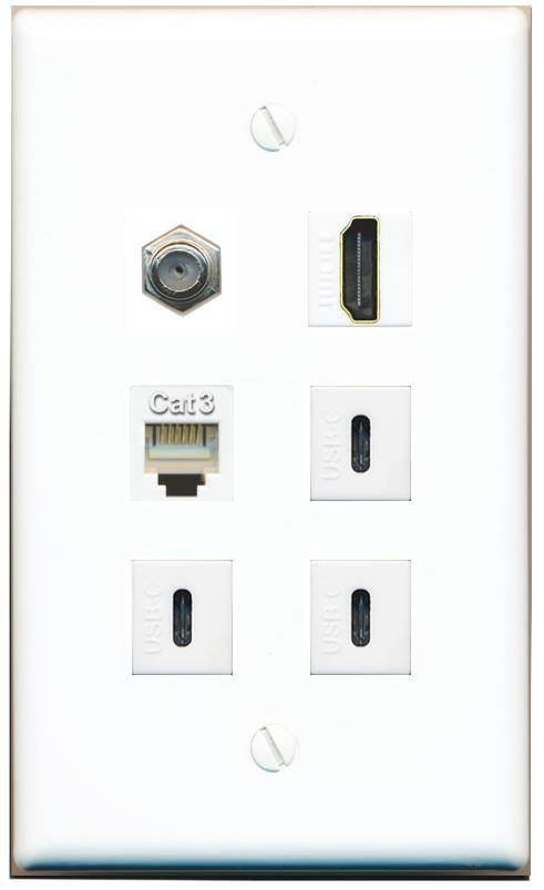  COAX HDMI PHONE 3 USBC Flat/Solid Wall Plate [White]
