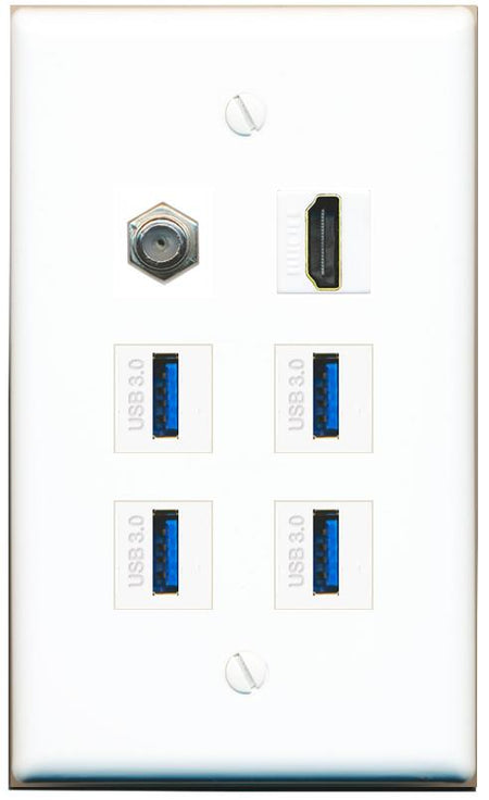  COAX HDMI 4 USB-3 Flat/Solid Wall Plate [White]