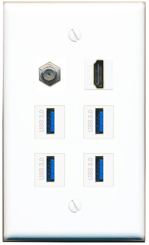  COAX HDMI 4 USB-3 Flat/Solid Wall Plate [White]