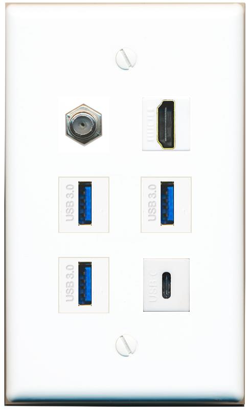  COAX HDMI 3 USB-3 USBC Flat/Solid Wall Plate [White]