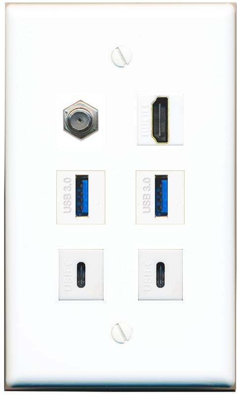  COAX HDMI 2 USB-3 2 USBC Flat/Solid Wall Plate [White]