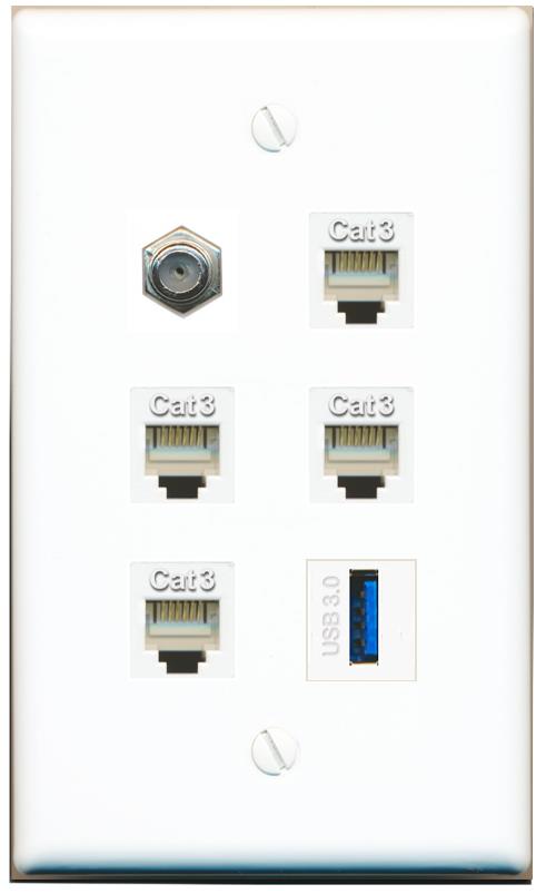 COAX 4 PHONE USB-3 Flat/Solid Wall Plate [White]