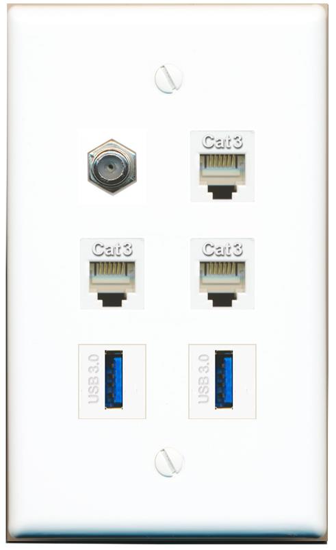  COAX 3 PHONE 2 USB-3 Flat/Solid Wall Plate [White]