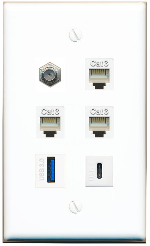  COAX 3 PHONE USB-3 USBC Flat/Solid Wall Plate [White]