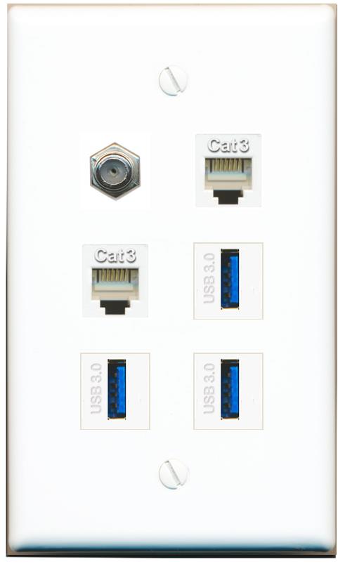  COAX 2 PHONE 3 USB-3 Flat/Solid Wall Plate [White]