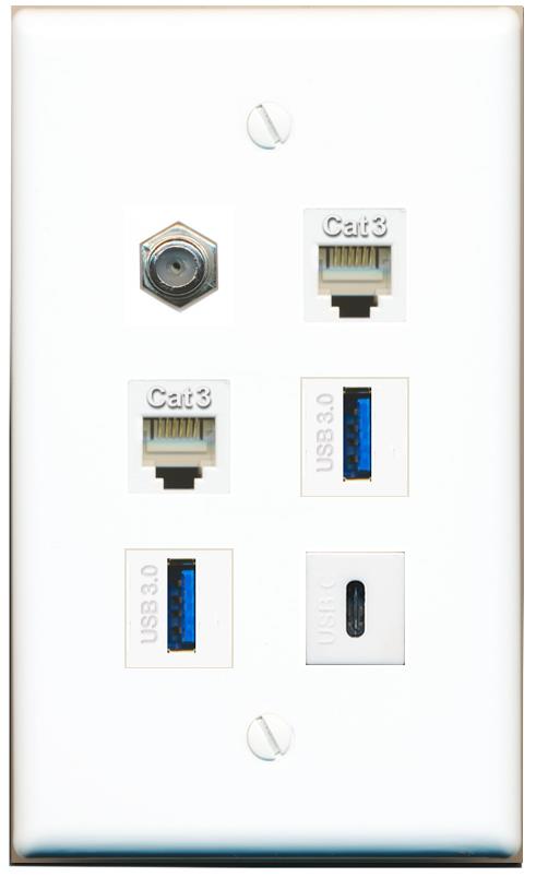  COAX 2 PHONE 2 USB-3 USBC Flat/Solid Wall Plate [White]