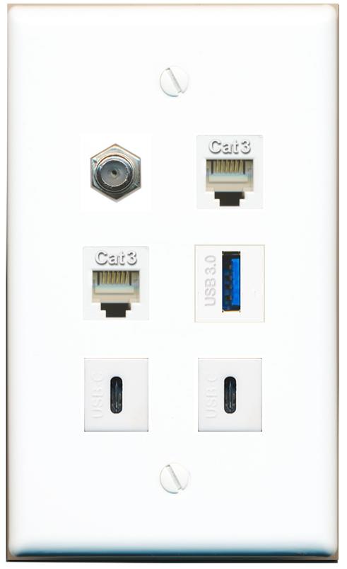  COAX 2 PHONE USB-3 2 USBC Flat/Solid Wall Plate [White]