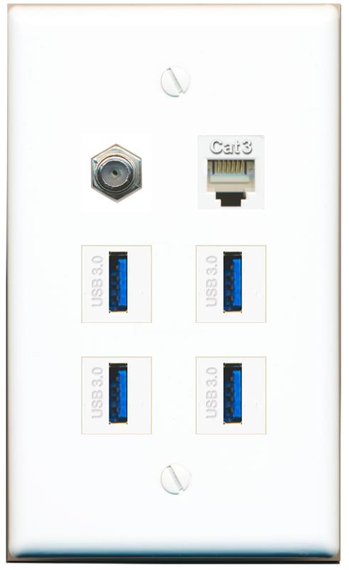  COAX PHONE 4 USB-3 Flat/Solid Wall Plate [White]