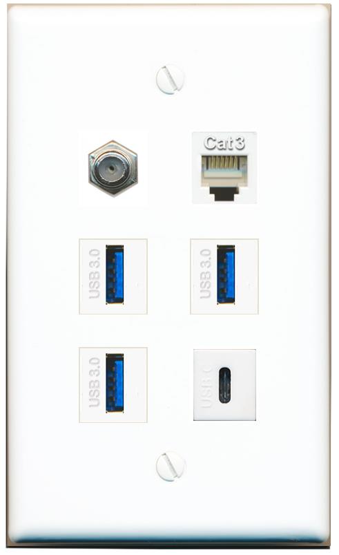 COAX PHONE 3 USB-3 USBC Flat/Solid Wall Plate [White]