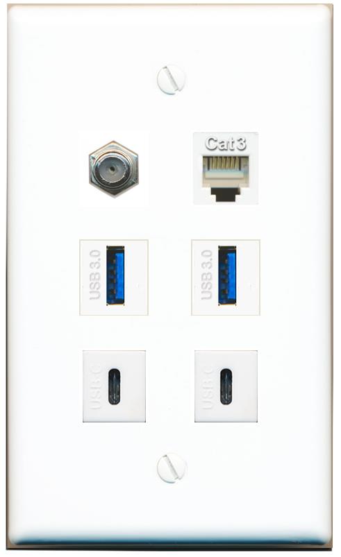  COAX PHONE 2 USB-3 2 USBC Flat/Solid Wall Plate [White]