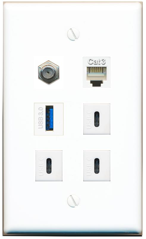  COAX PHONE USB-3 3 USBC Flat/Solid Wall Plate [White]