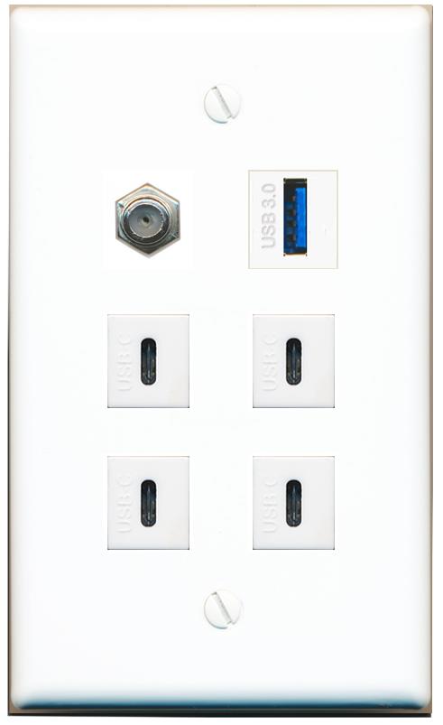  COAX USB-3 4 USBC Flat/Solid Wall Plate [White]